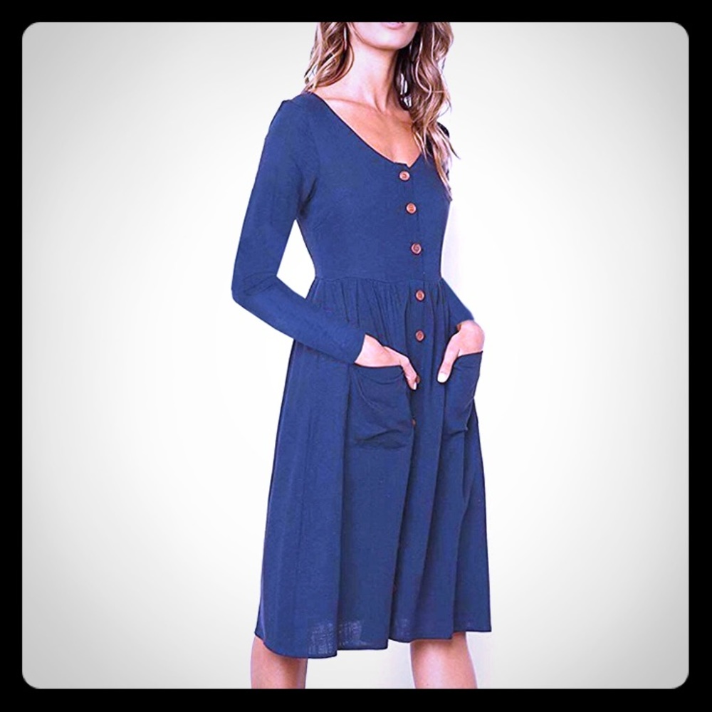 Blue long sleeve button front dress with pockets